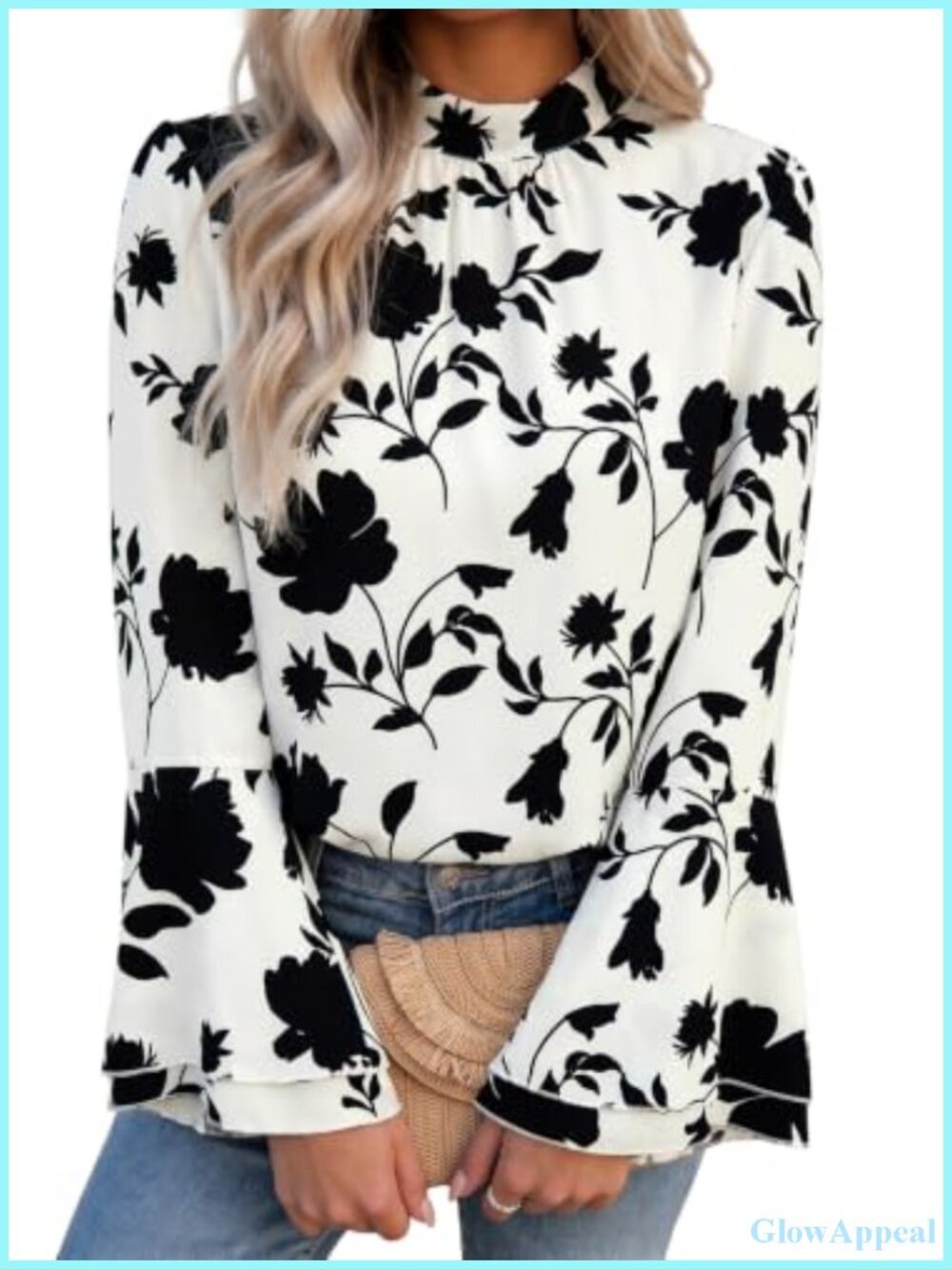 Boho Floral Bell Sleeve Mock Neck Pleated Blouse